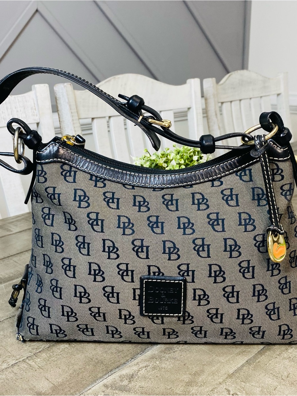 Vintage Dooney & Bourke Signature DB Monogram Hobo Shoulder Bag Grey Black Y2K
